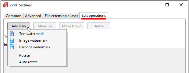 New Edit operations tab in 2PDF Settings