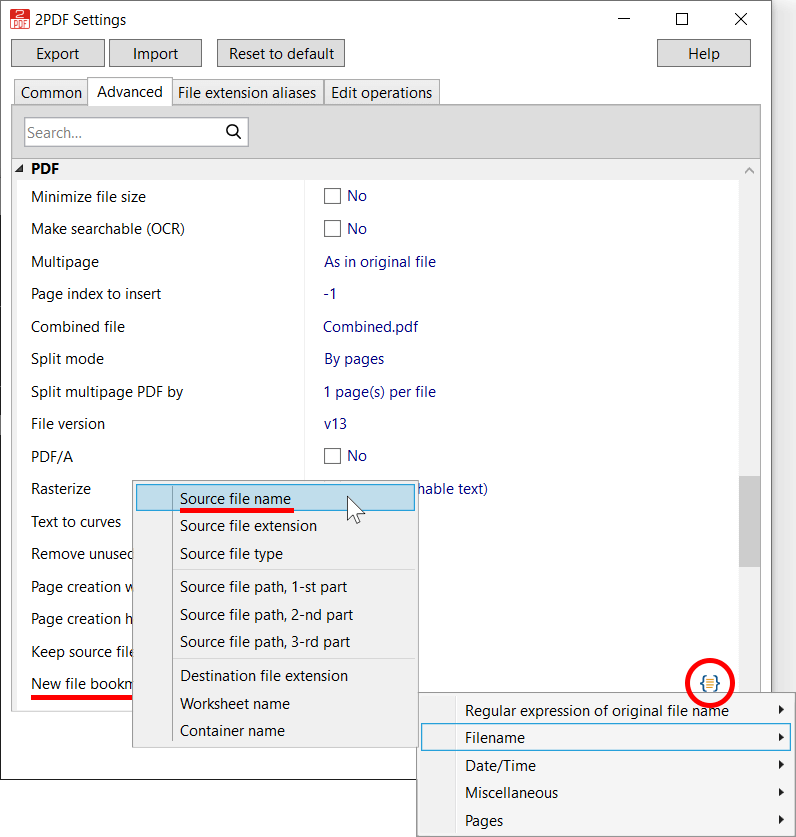 Add the macro {*SrcFileName} in the New file bookmarks field