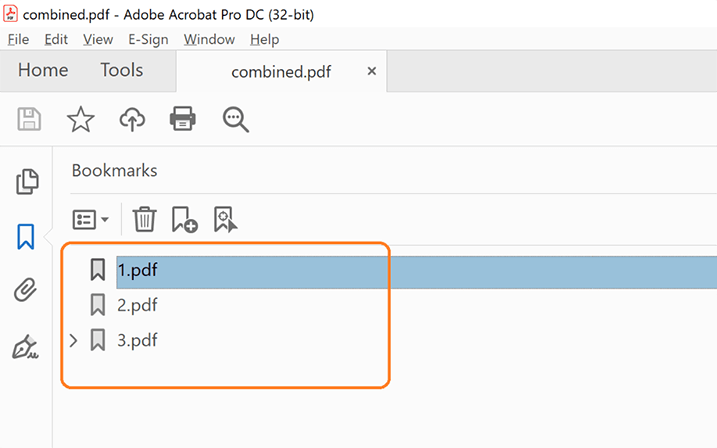 Create a merged PDF with bookmarks named as source files